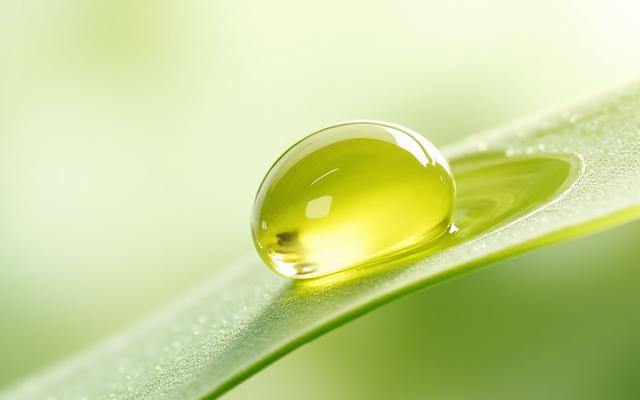 一滴透明精油快速滲入一片翠綠葉片中，象徵快速吸收