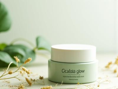 Calm-Restore Cream jar, subtly lit, with gentle Cica leaves and oat extracts scattered around.
