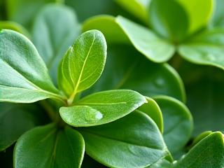 Lush, vibrant centella asiatica (Cica) leaves with water droplets, signifying soothing and repair.