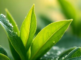 Close-up of fresh green tea leaves shimmering with dew, representing powerful antioxidants.