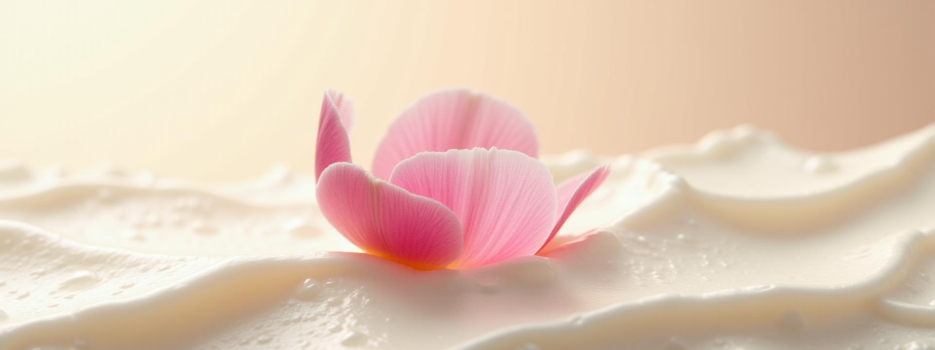 Ultra-macro shot of a rich, whipped botanical cream with a delicate pink peony petal resting on it, showcasing luxurious texture.
