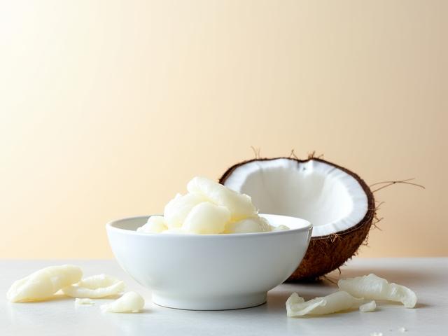 Fresh coconut and coconut oil in a bowl