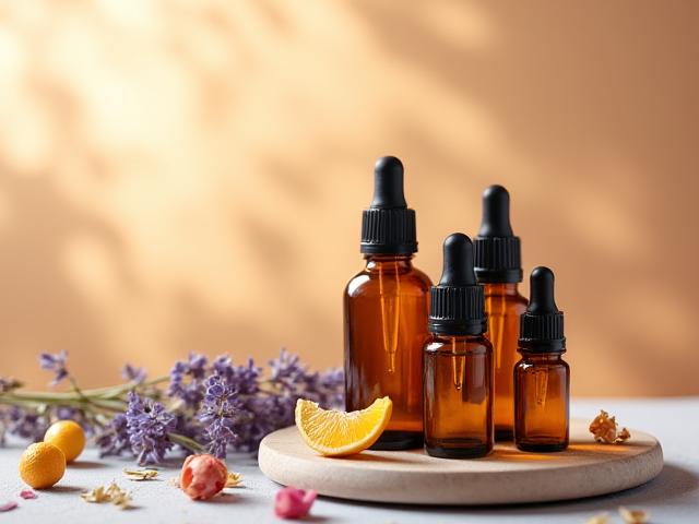A collection of amber essential oil bottles with botanical extracts