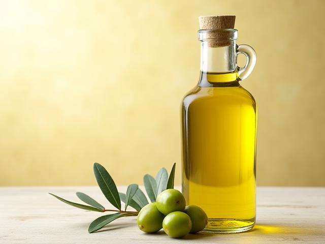 High quality olive oil in a glass bottle with olives