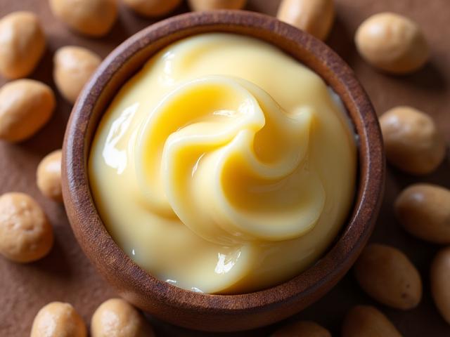 Raw shea butter in a wooden bowl with shea nuts