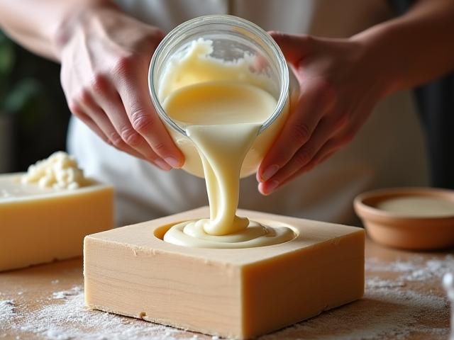 Artisan pouring soap batter into a mold