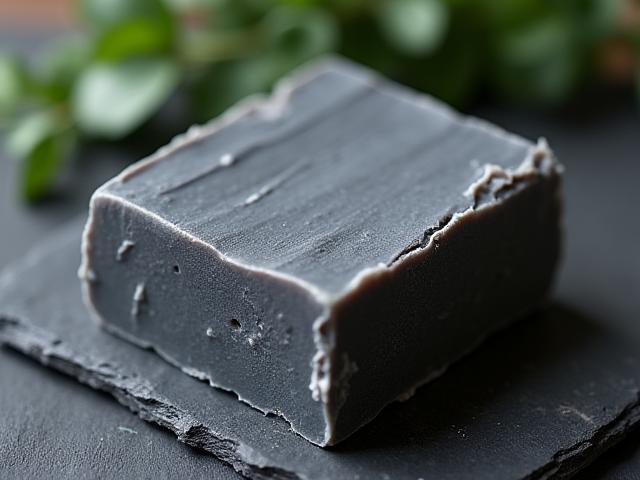 A dark grey and white swirled charcoal detox soap bar