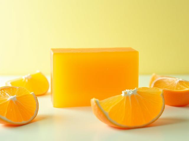 A vibrant citrus-scented soap bar with orange slices