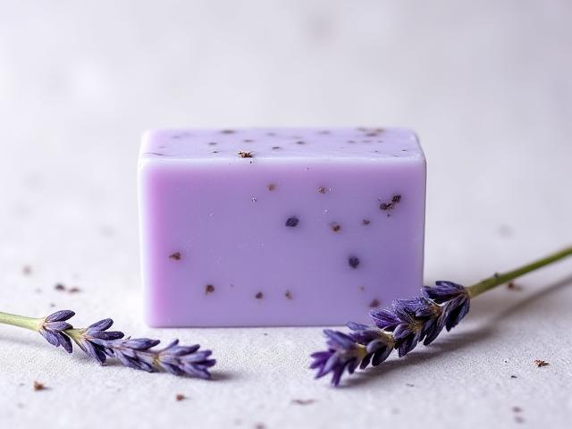 A bar of lavender soap with dried lavender sprigs