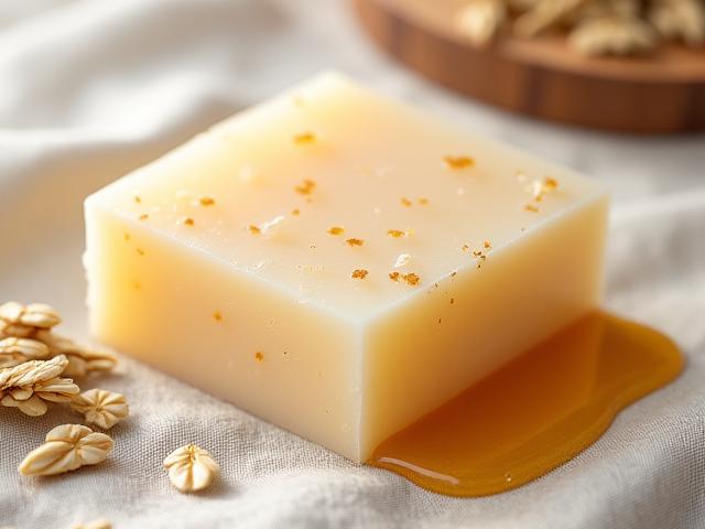 An oatmeal and honey soap bar with visible oat flakes