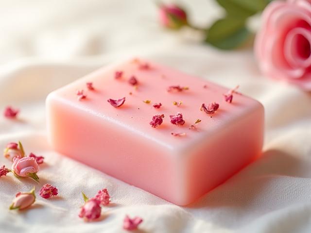 A delicate rose soap bar with dried rose petals