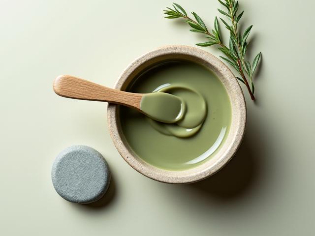 Clay face mask in a ceramic bowl with spa stone