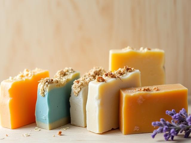 Stacked colorful handmade soaps with natural ingredients
