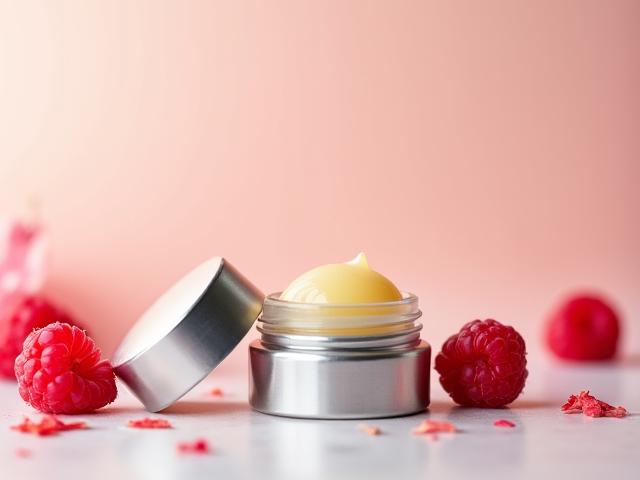 Lip balm tin and sugar scrub jar with fresh berries