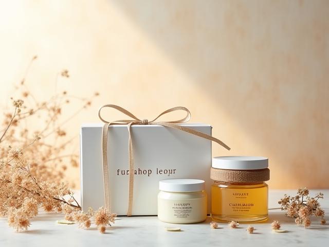Beautifully arranged skincare gift box with ribbons and botanicals