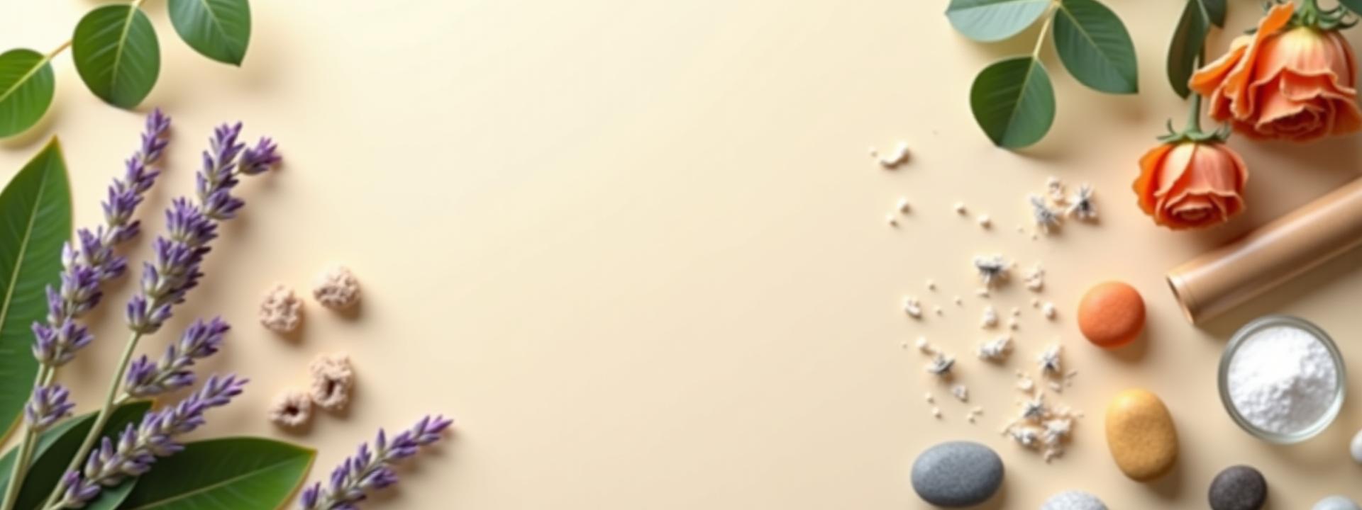 Softly focused background of various botanical ingredients and natural skincare elements