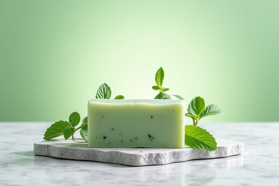 Close-up of a Cicada Glow Tea Tree & Mint soap bar, showing texture