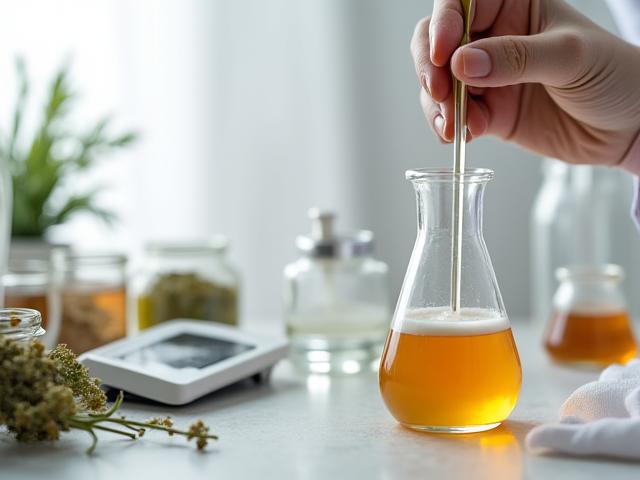 實驗室中，化學家輕輕攪拌燒杯裡的試驗性護膚配方