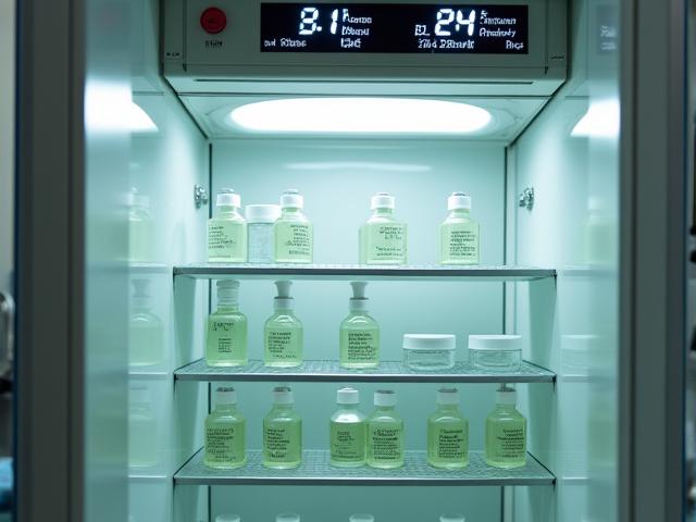 多個小瓶子在溫度濕度可控的儀器中進行測試，展示產品穩定性