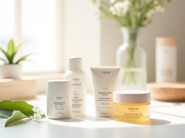 'The Daily Glow Kit' featuring a gentle face cleanser, hydrating cream, and lip balm, arranged on a modern vanity.