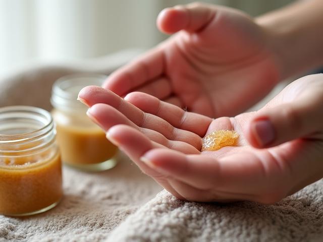 Hands being pampered with 'The Hand Care Duo' including a sugar scrub and nourishing hand cream.