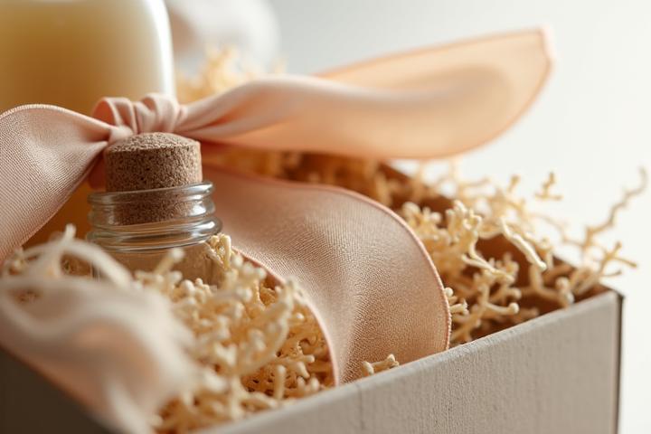 Close-up of eco-friendly and elegant Cicada Glow gift packaging, showing recycled cardboard, paper filling, and glass jars.